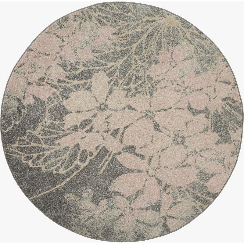 Elysian Blooms 63'' Grey and Pink Floral Round Area Rug