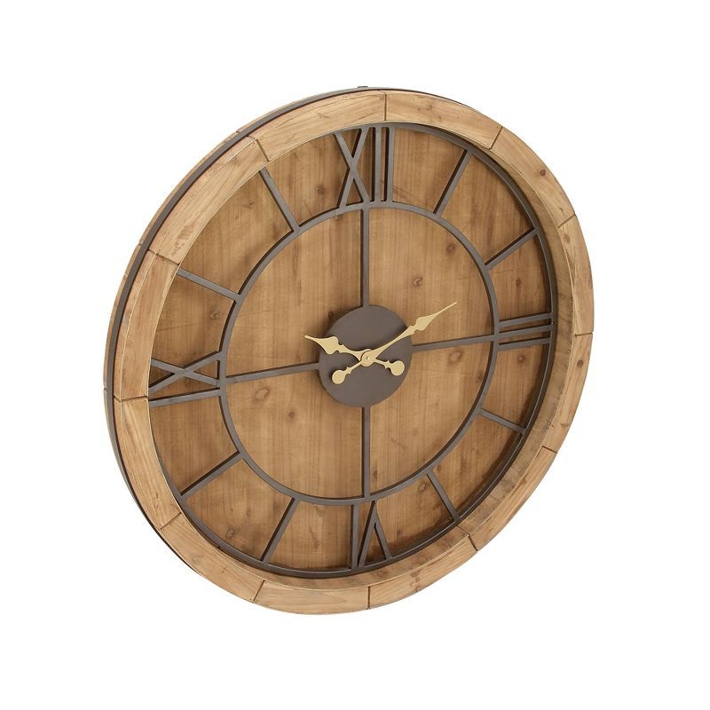 Oversized Brown Mediterranean Wood Wall Clock with Gold Hands