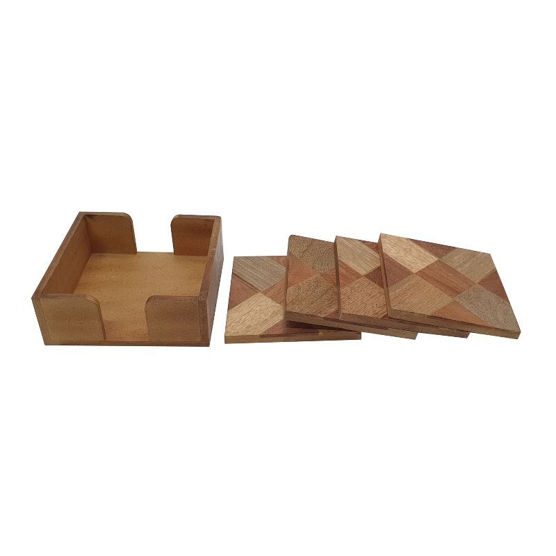 Brown Wood 4-inch Coaster Set with Holder