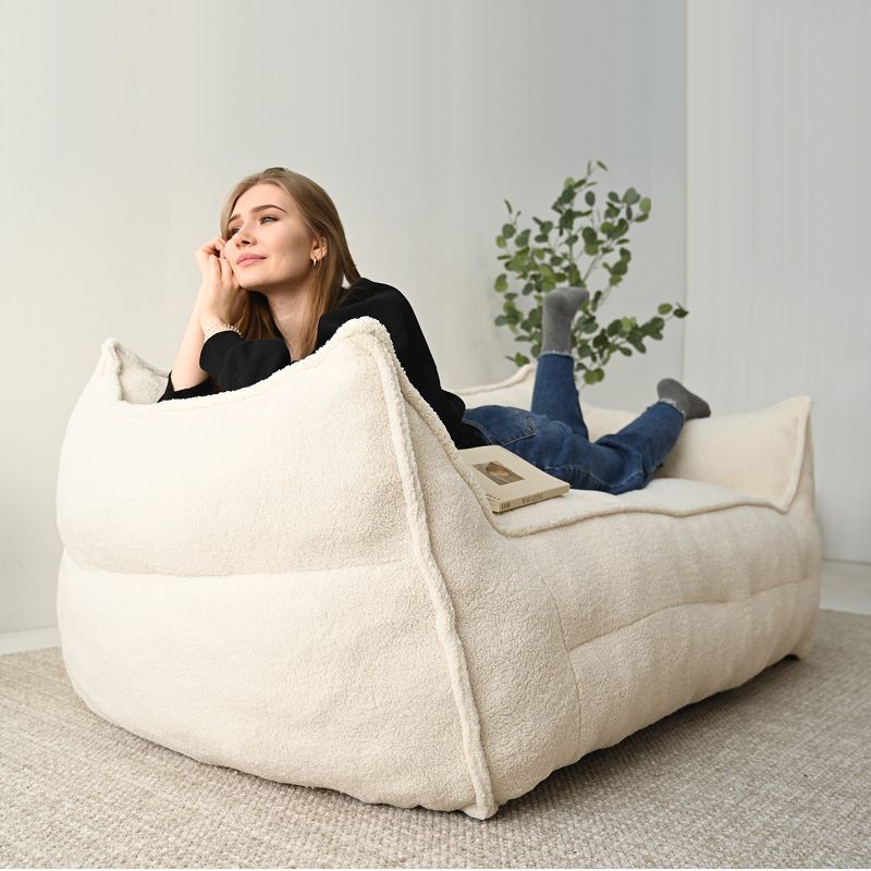 Beige Teddy Fabric Upholstered Bean Bag Loveseat Sofa