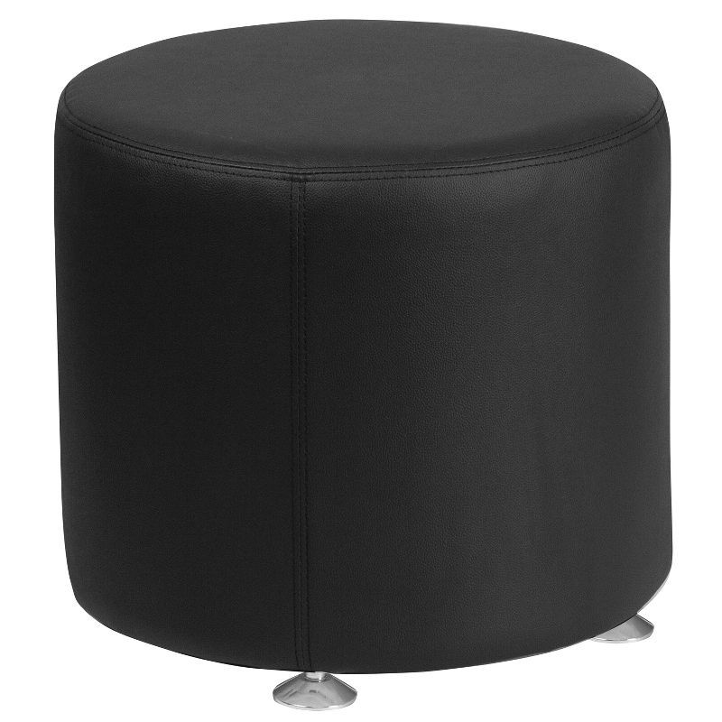 Oversized Black Leather Round Ottoman with Metal Base