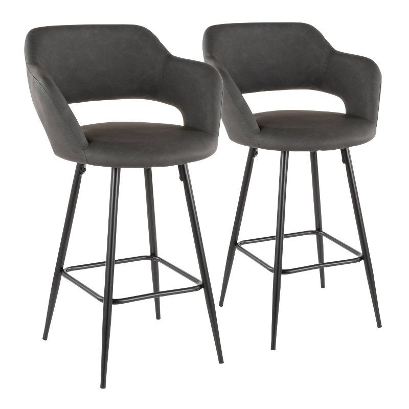 Set of 2 Gray Faux Leather Counter Stools with Black Metal Legs