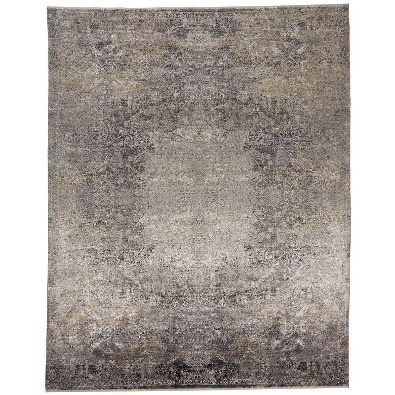 Ivory and Gray Medallion Rectangular Viscose Area Rug, 5' x 7'