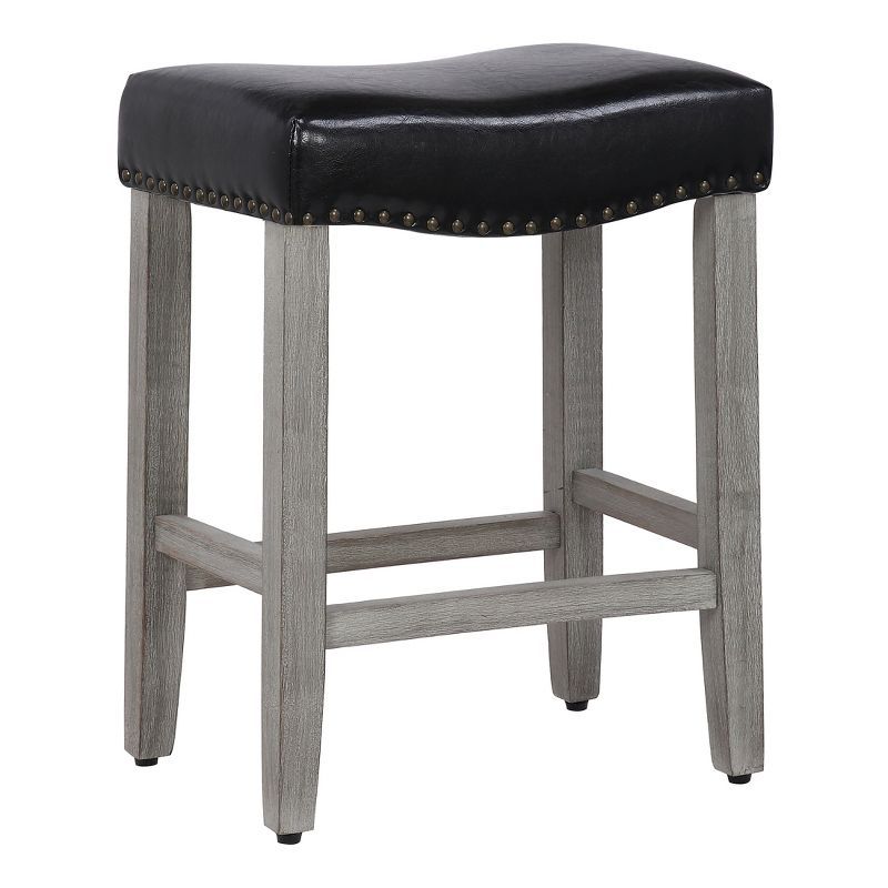 Modern 24" Black Leather Saddle-Style Wood Counter Stool