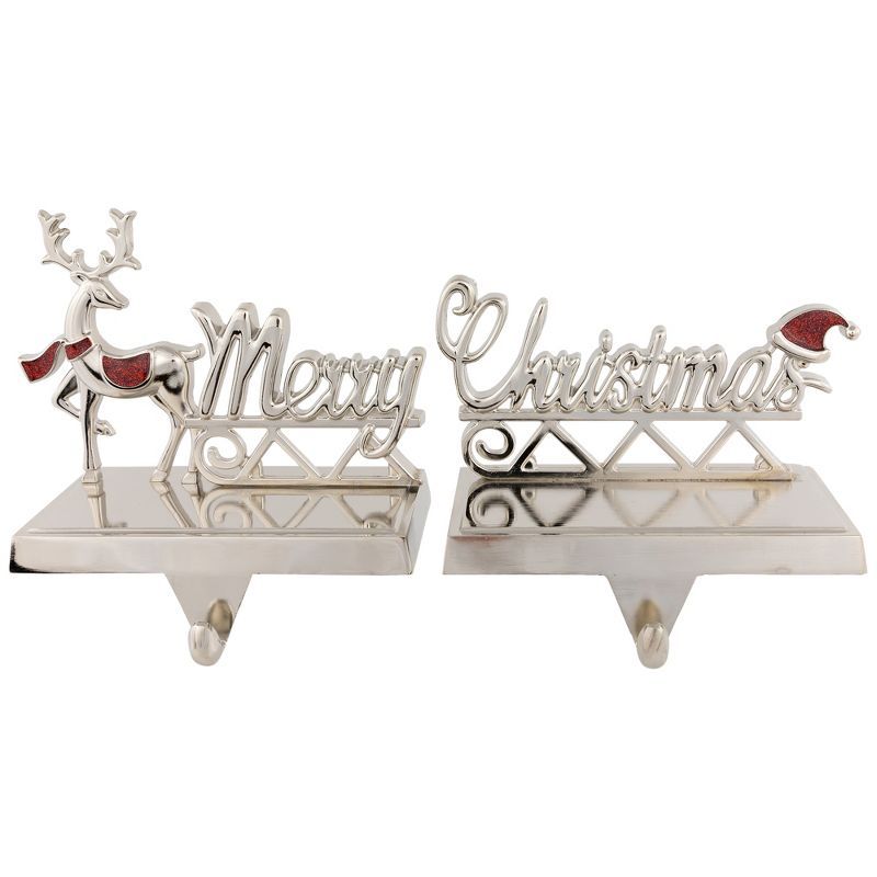 Set of 2 Silver Reindeer Merry Christmas Metal Stocking Holders