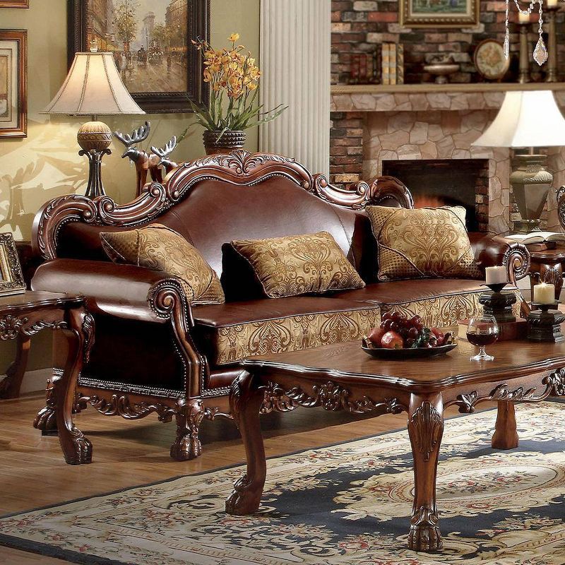 Dresden 89" Brown Synthetic Leather and Chenille Sofa with Cherry Oak Frame