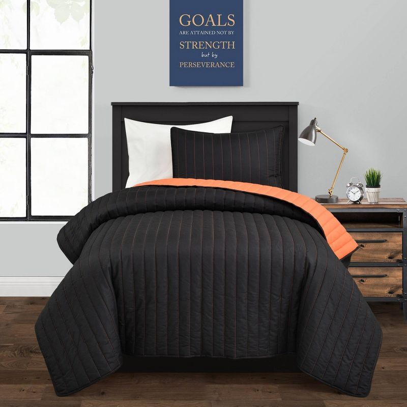 Reversible Black and Orange Microfiber Quilt Set Full/Queen Size