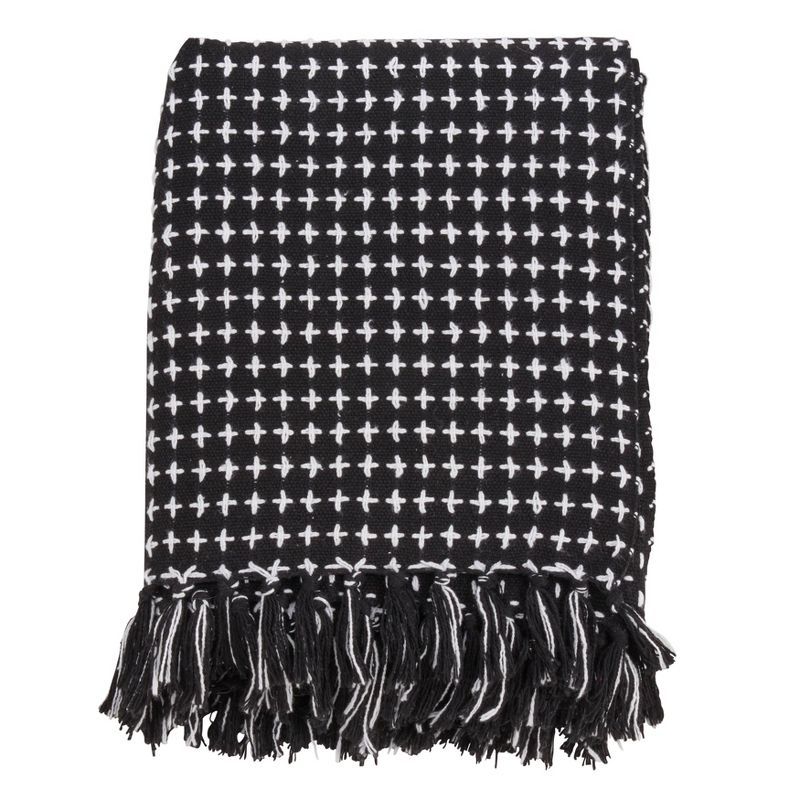 Black and White Cotton Cross Stitch Fringed Throw Blanket