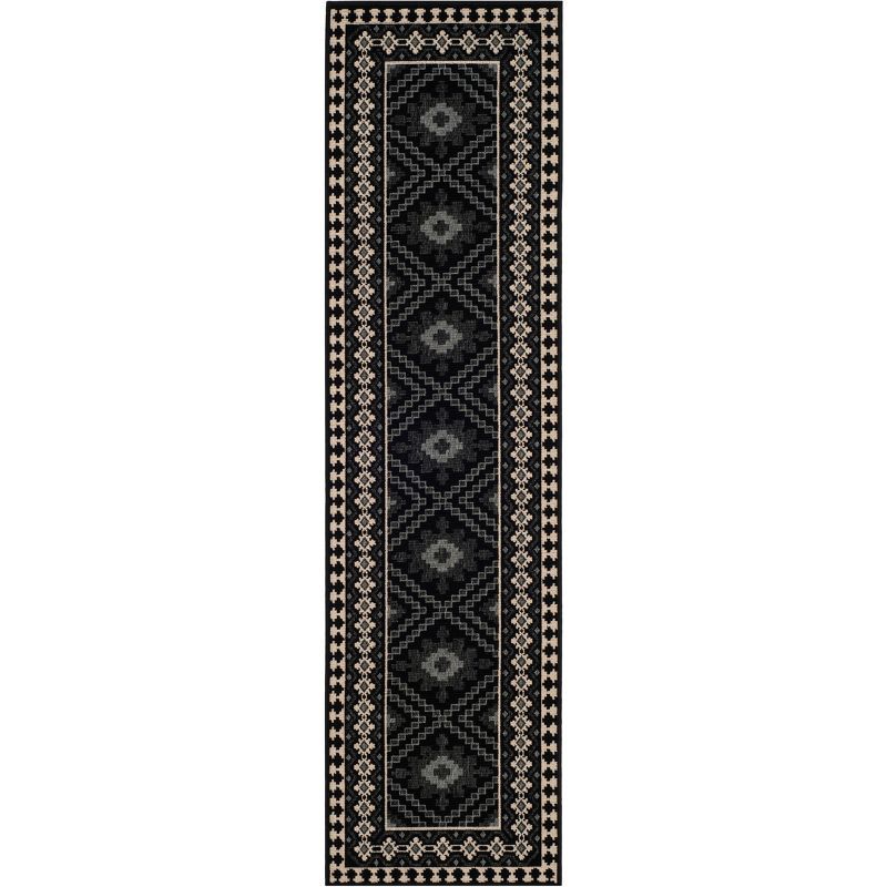 Elegant Black and Cream Washable Synthetic Runner Rug, 2'3" X 6'7"