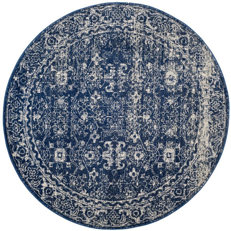 Navy and Ivory High Pile Round Synthetic Rug