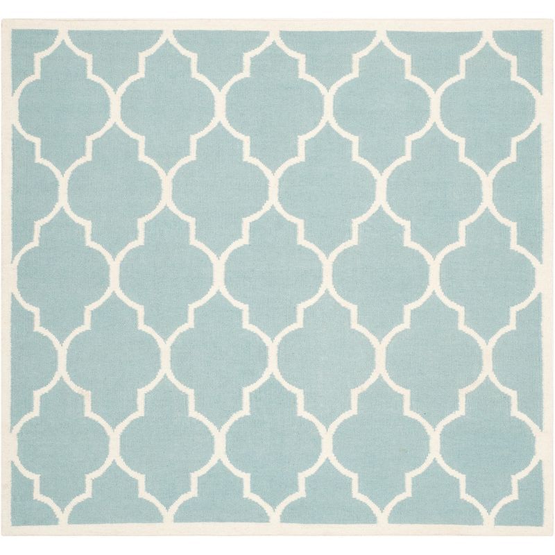 Light Blue and Ivory Wool Geometric Square Rug