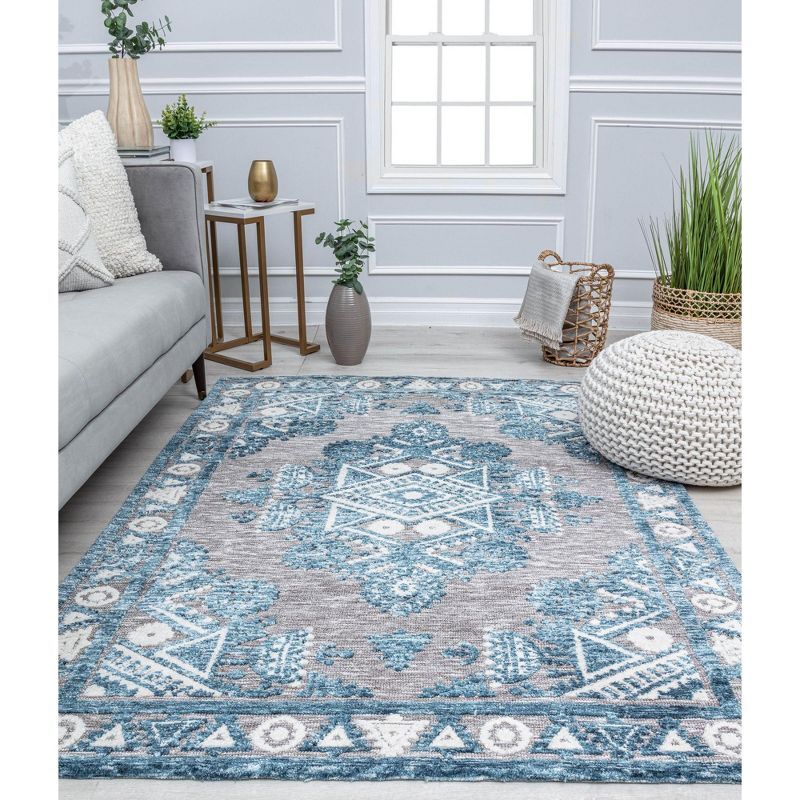 Blue Geometric 5' x 7' Stain-Resistant Synthetic Area Rug