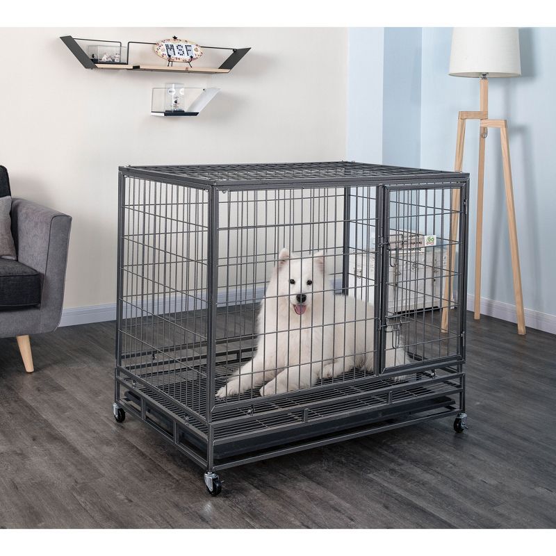 Gray Heavy Duty Rolling Metal Dog Crate with Tray