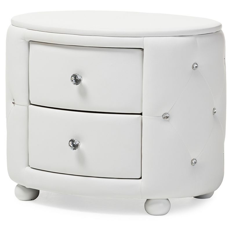 Davina Oval White Faux Leather Glamour Nightstand with Crystal Accents