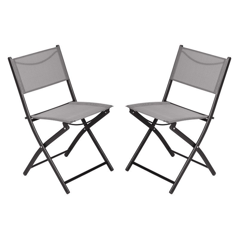 Set of 2 Gray Armless Folding Chairs with Black Steel Frames