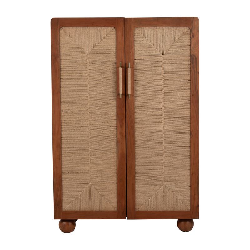 60" Brown Acacia Wood Armoire with Woven Doors