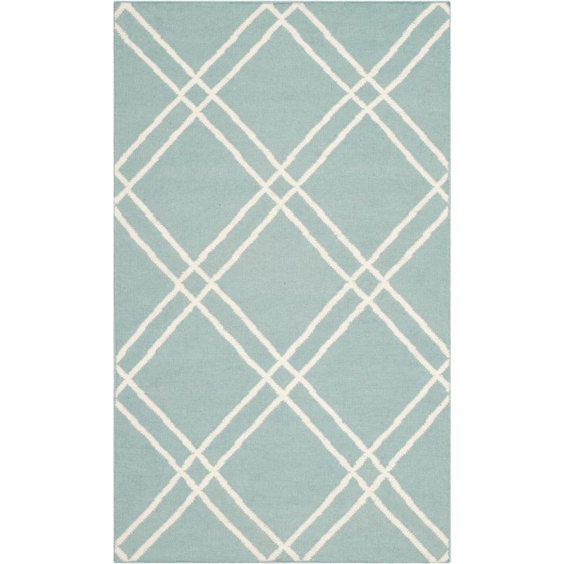 Light Blue and Ivory Geometric Wool Flat Weave Rug, 3' x 5'