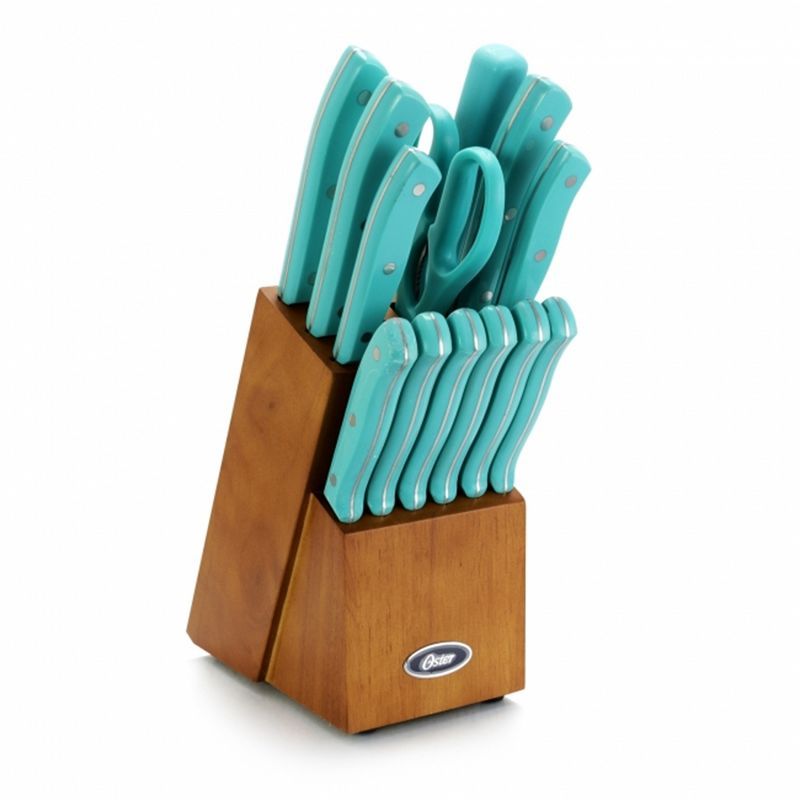 Evansville 14-Piece Stainless Steel Cutlery Set with Turquoise Handles and Wood Block