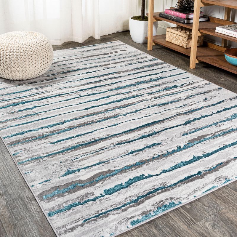 Gray and Turquoise Synthetic Stripe 4' x 6' Area Rug