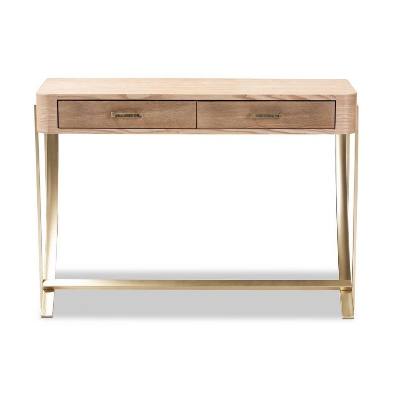 Light Brown and Gold Wood Metal Hallway Table with Storage