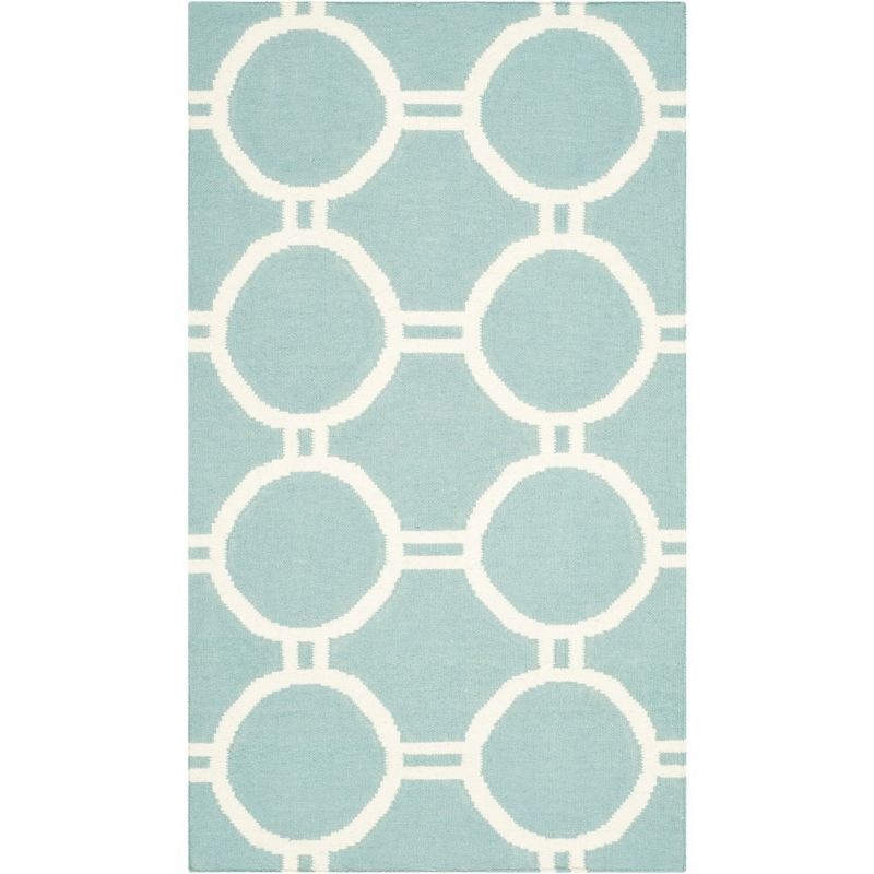 Light Blue and Ivory Geometric Wool Flat Woven Rug