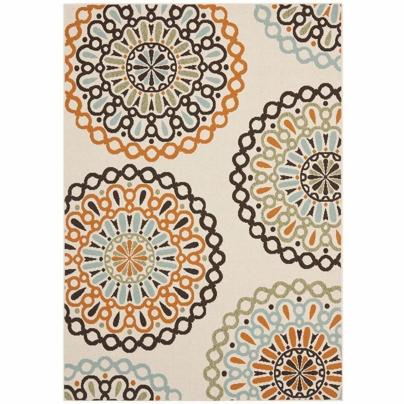 Cream and Terracotta Floral Synthetic Indoor/Outdoor Rug