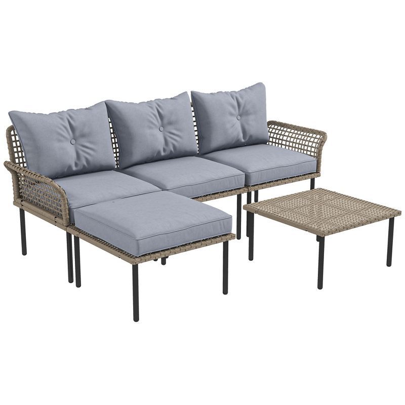 Light Gray 5-Piece Rattan Patio Furniture Set with Cushions