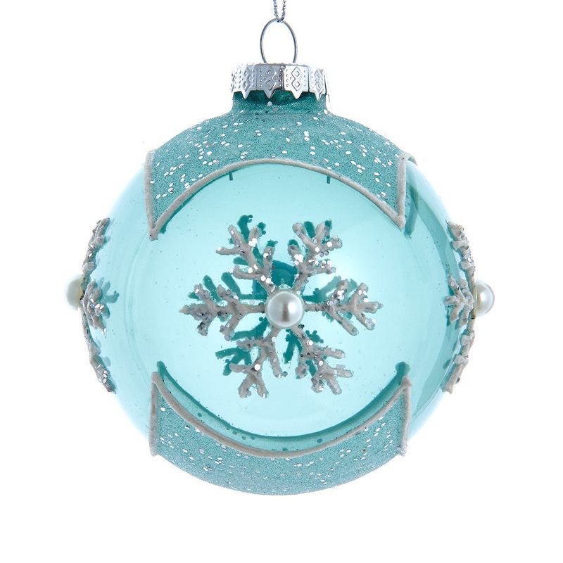 Teal Glass Snowflake Sequin Christmas Ball Ornament Set of 6