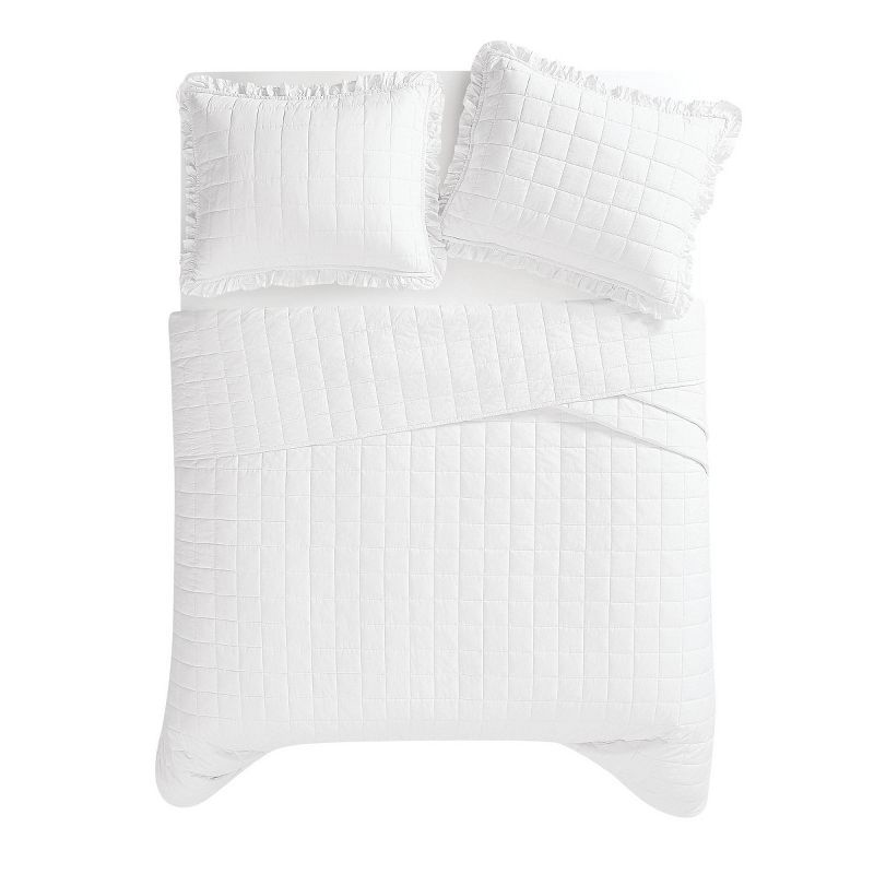 White Cotton Twin Quilt Set with Ruffled Edges