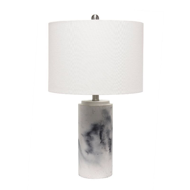 White Marbleized Cylinder Nightstand Lamp with Fabric Shade