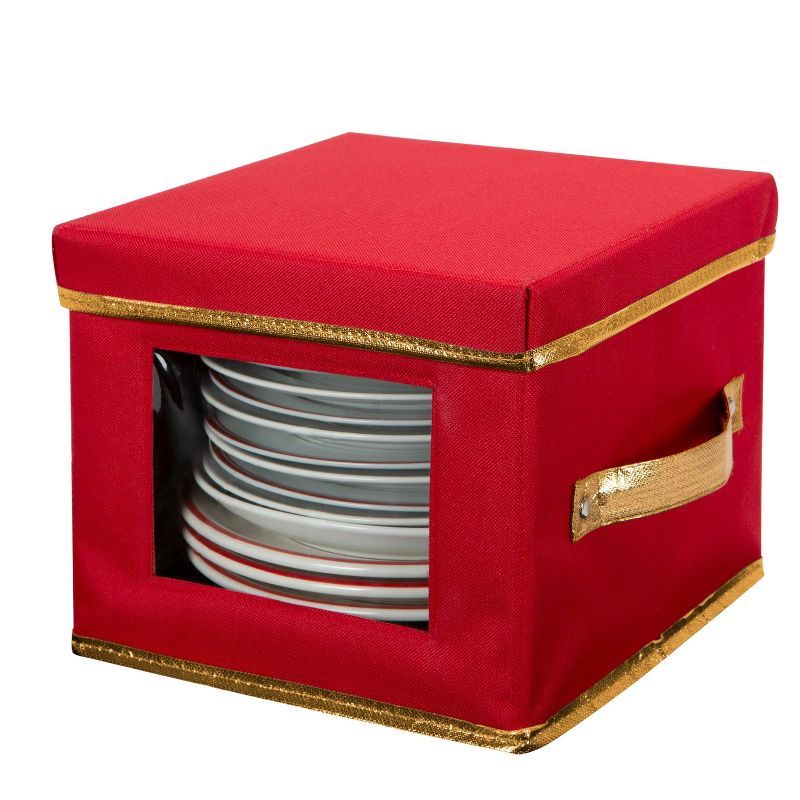 Red Fabric Collapsible Lidded Christmas Ornament Storage Box