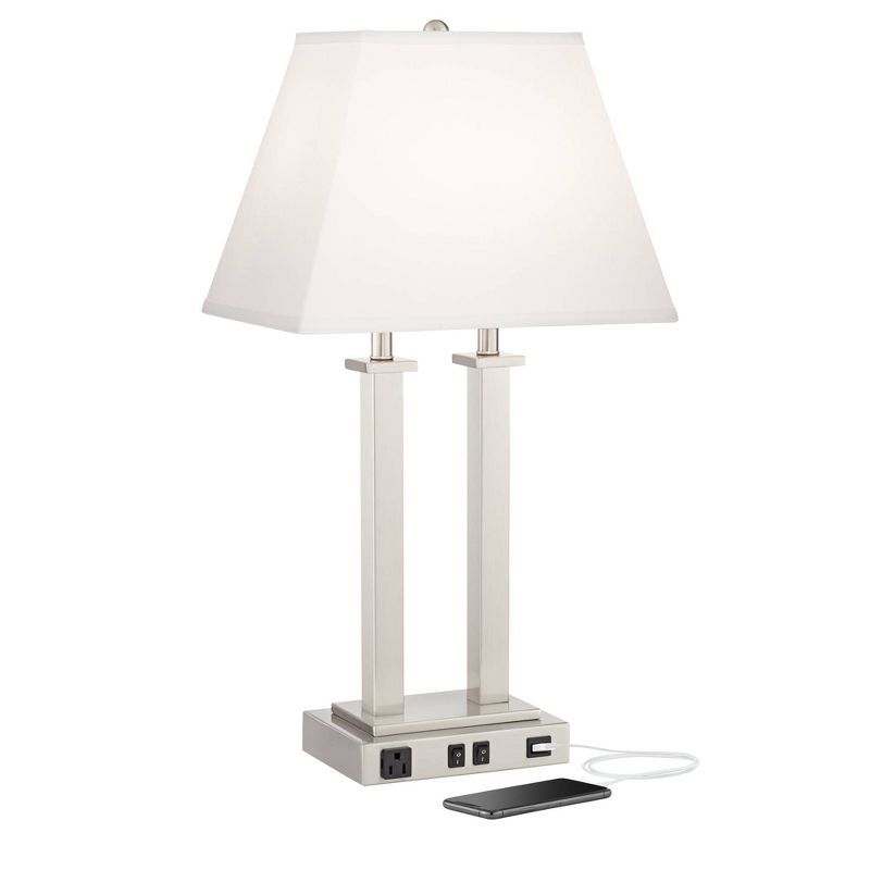 Brushed Nickel Table Lamp with USB and White Linen Shade