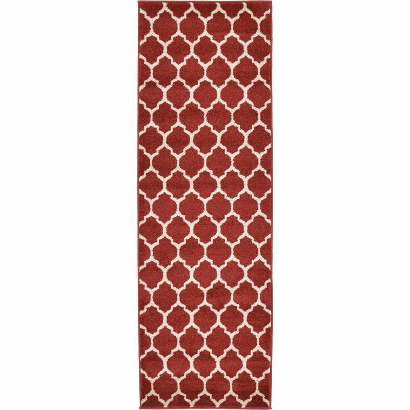 Red and Beige Synthetic Trellis Runner Rug, 6 ft