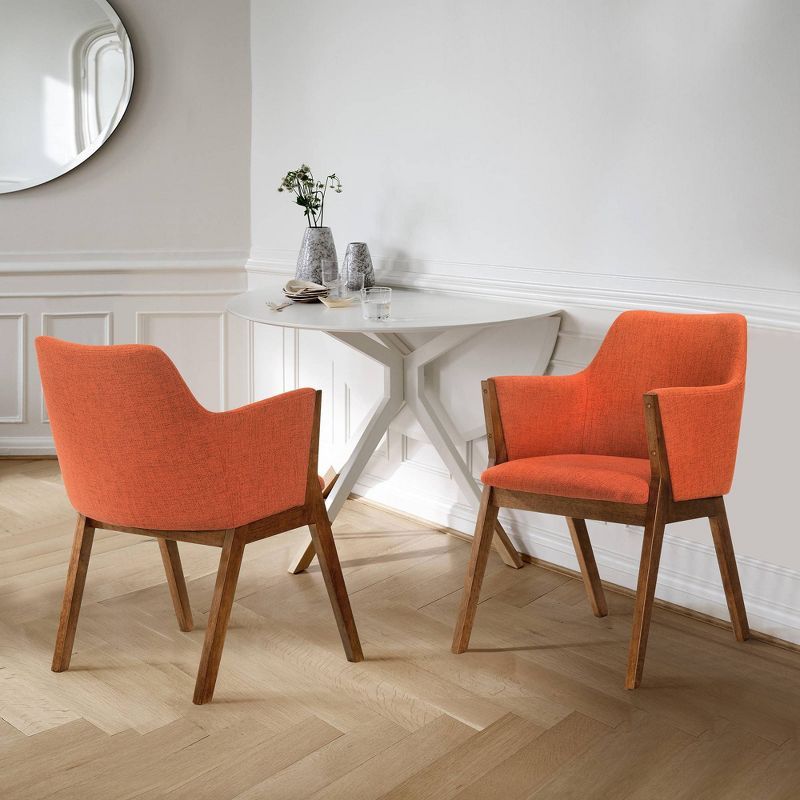 Set of 2 Orange Fabric and Walnut Wood Dining Chairs