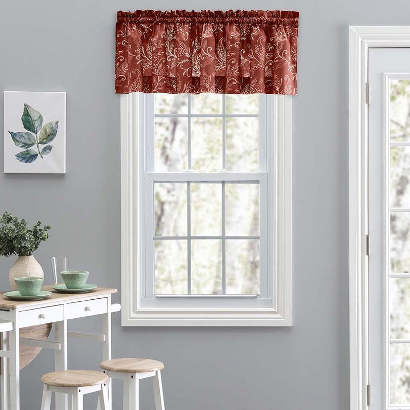 Brick Red Leaf Pattern Polyester Rod Pocket Valance