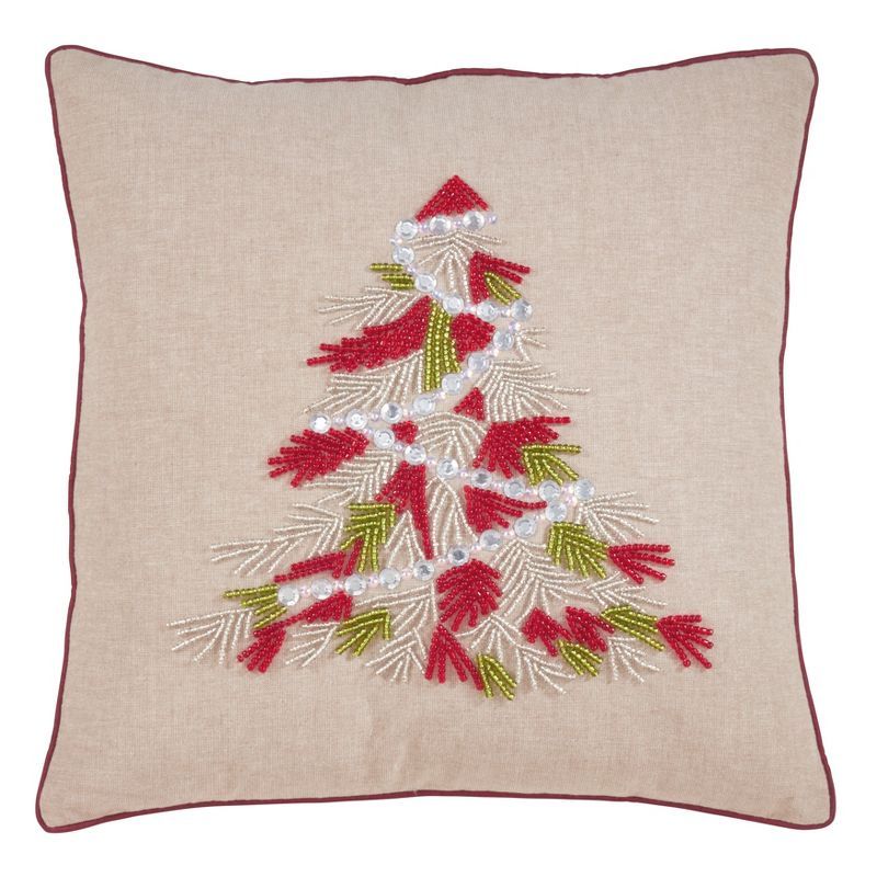 Beaded Christmas Tree Cotton Throw Pillow, 18" x 18", Rust