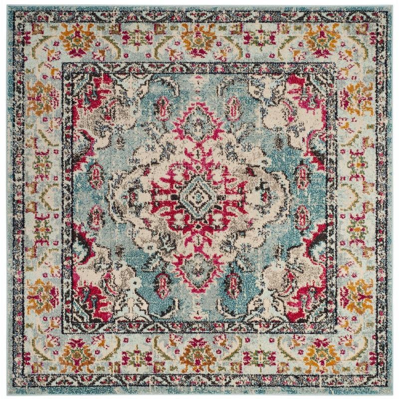 Light Blue Synthetic Medallion Reversible Square Rug