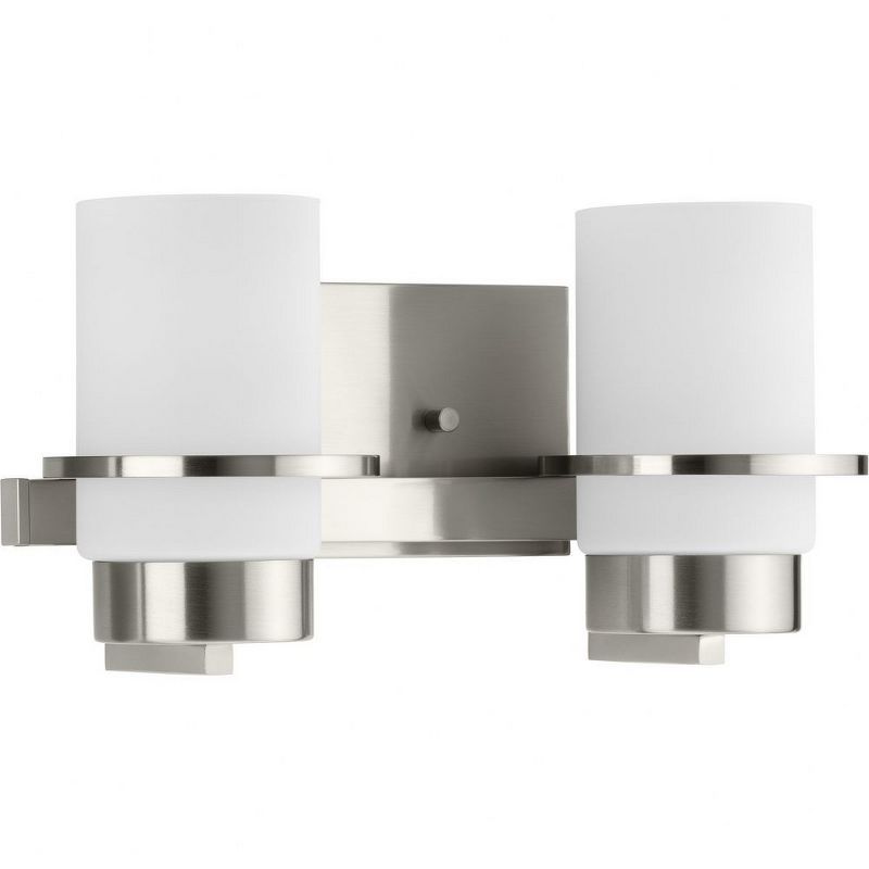 Brushed Nickel 2-Light Vanity with White Glass Shades