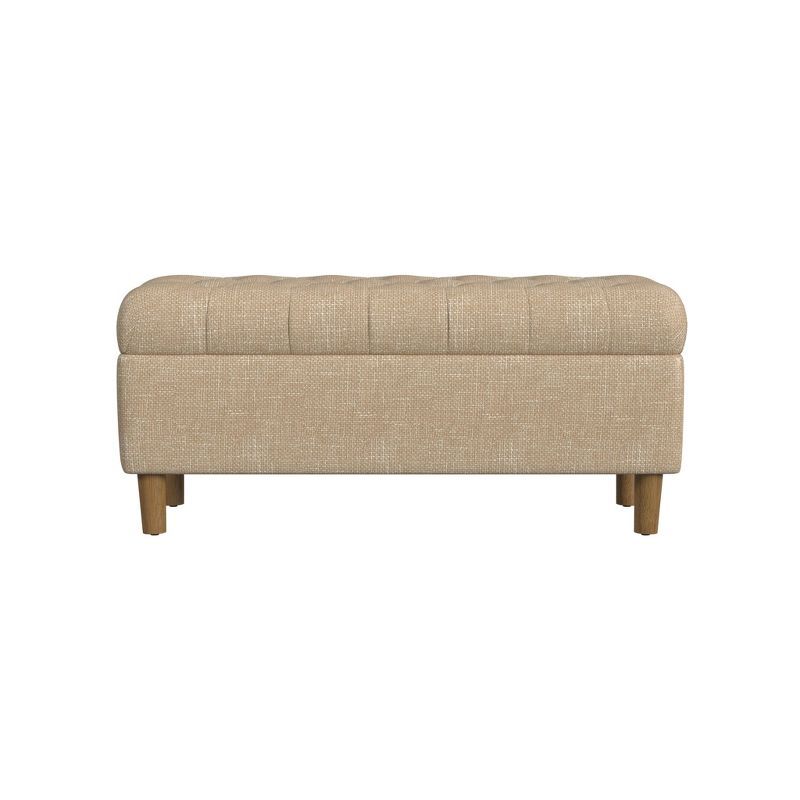 Tan Button Tufted Storage Bench with Oak Legs