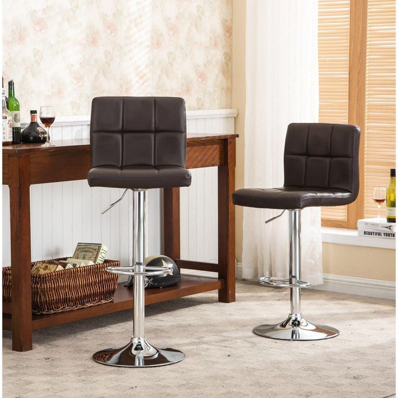 Brown Adjustable Swivel Faux Leather Bar Stools with Chrome Base, Set of 2