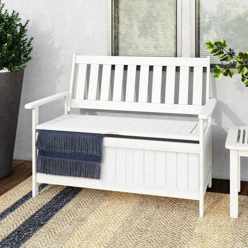 Whitewashed Shorea Wood Outdoor Storage Bench with Slatted Back