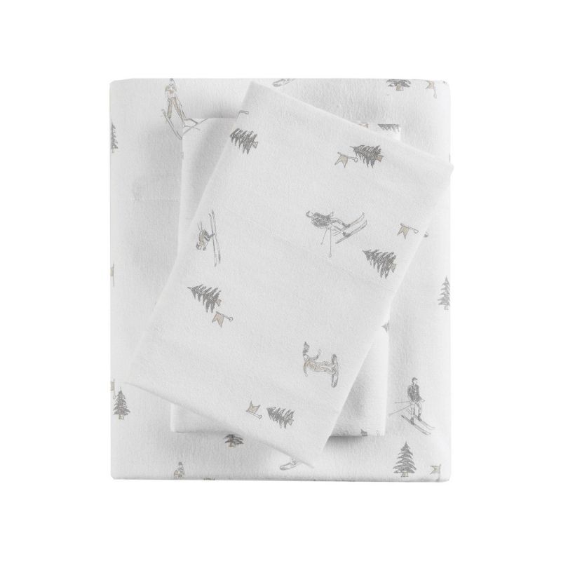 California King Gray Skiers Cotton Flannel Sheet Set