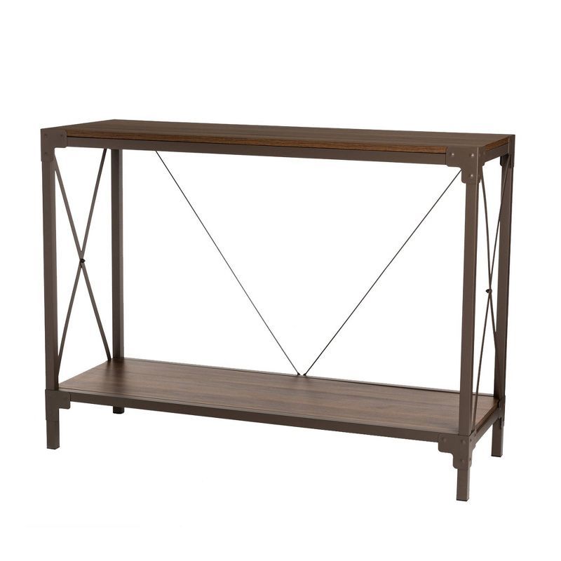 Walnut Melamine & Metal Console Table with Open Shelf Storage