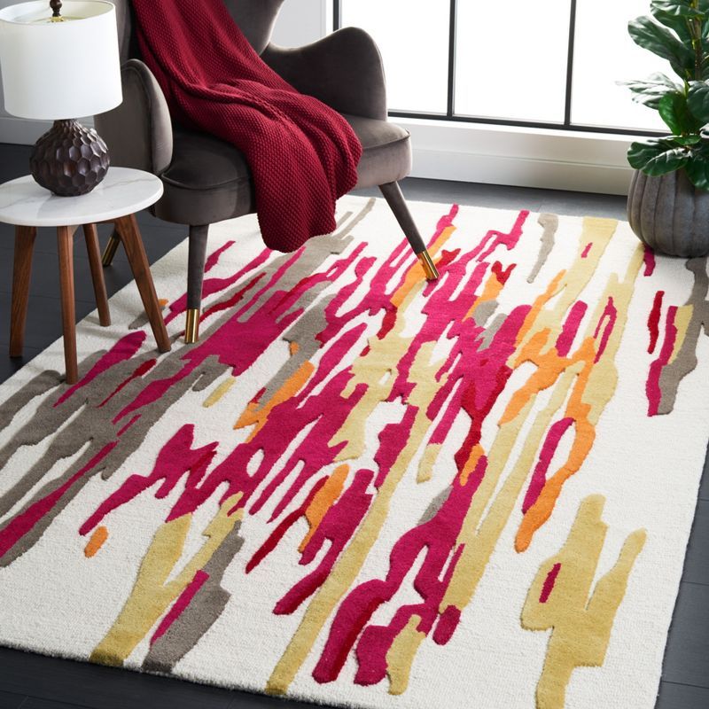 Ivory and Red Hand-Tufted Wool 6' x 6' Square Area Rug