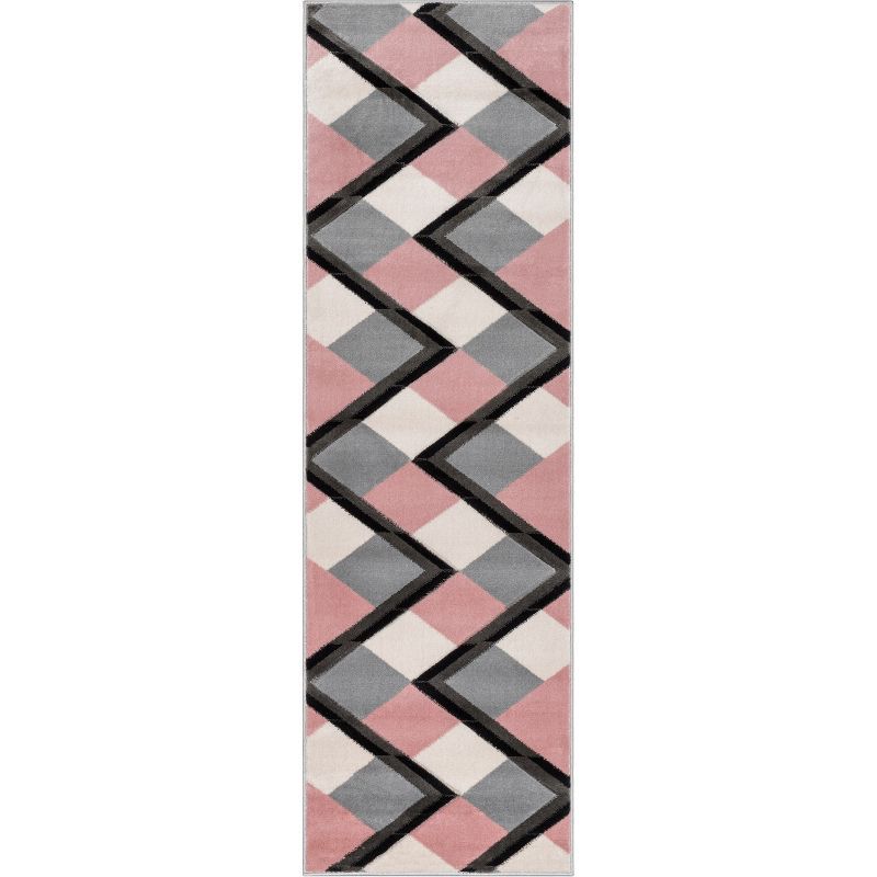 Blush Pink and Gray Geometric Synthetic Runner Rug