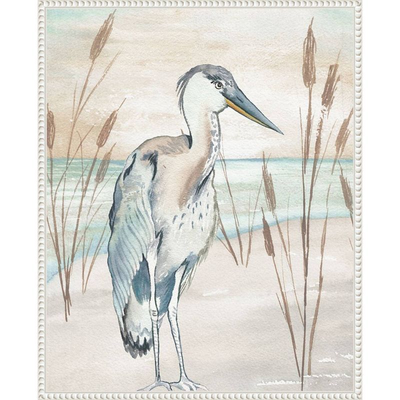 Heron by Beach Grass Nautical Canvas Framed Wall Art