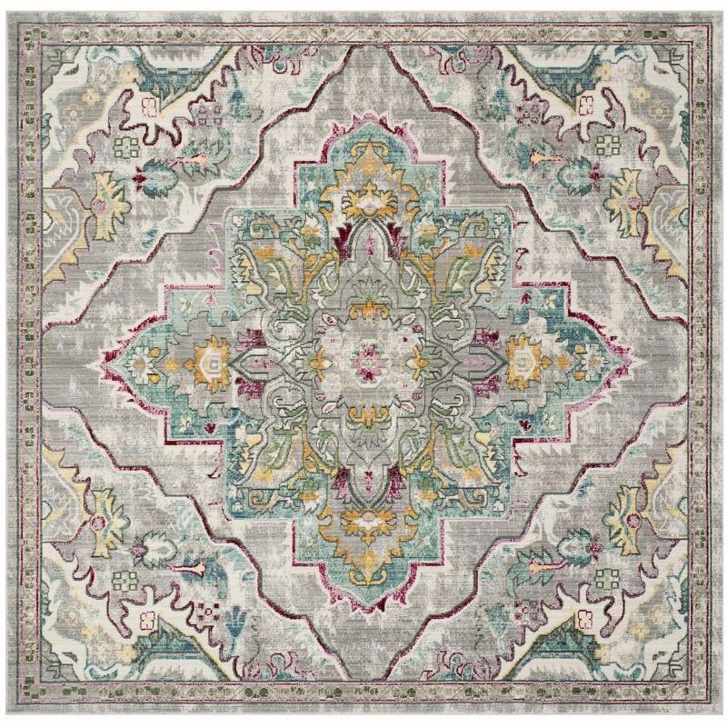 Grey and Light Blue Square Polyester Abstract Area Rug