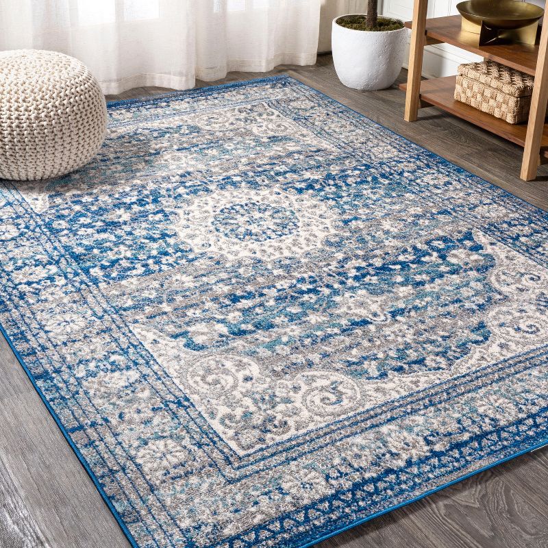 Blue and Dark Gray Medallion Synthetic 4' x 6' Area Rug