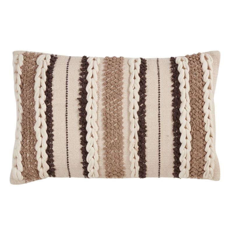 Ivory and Brown Striped Woven Cotton Throw Pillow