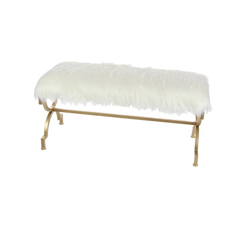 Chic Gold Metal 42" Entryway Bench with White Faux Fur Cushion